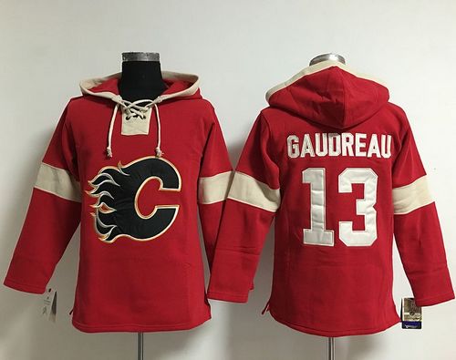 Flames #13 Johnny Gaudreau Red Pullover NHL Hoodie - Click Image to Close